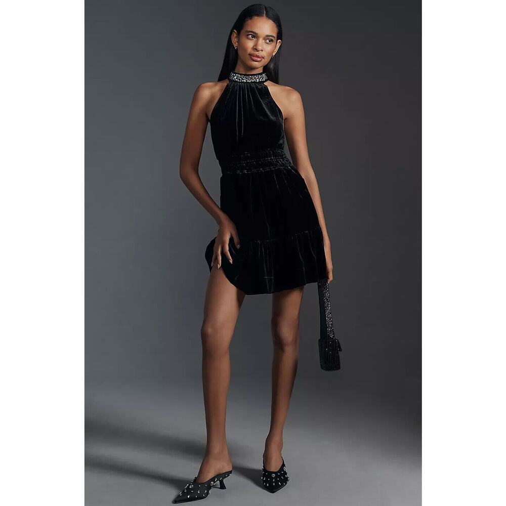 NWT Anthropologie The Somerset Embellished Velvet Halter Mini Dress Sz L #NC502